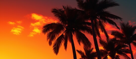 Fototapeta na wymiar Tropical Palm Tree Silhouette At Sunset, low angle view
