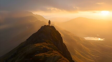 Fototapeta premium Solitary hiker on a mountain peak at sunrise with misty valleys