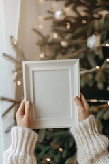 woman holding empty mockup frame 