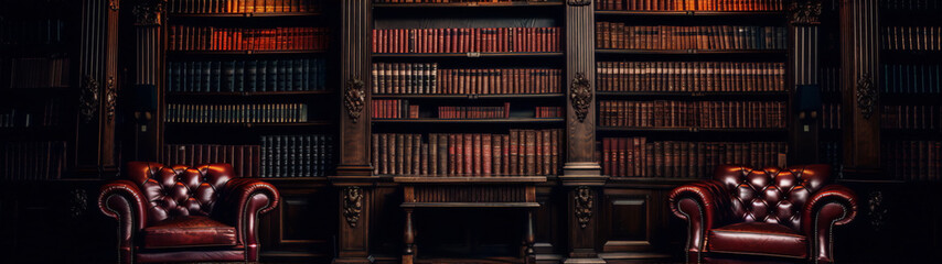 Two red leather chairs in a library with dark wood bookshelves and a fireplace