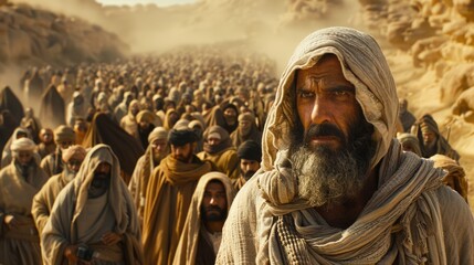 Moses leads jews through desert, biblical journey to promised land in sinai. religious historical escape narrated in bible, showcasing moses leadership and divine intervention in israelite exodus.