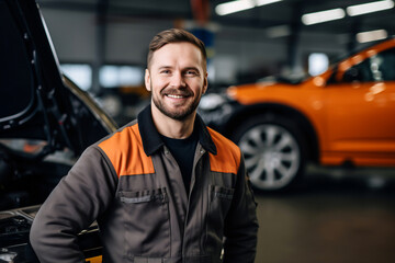 A smiling mechanic in a workshop with cars for repair. Professional auto service.