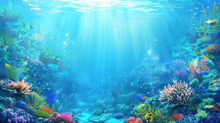 Fototapeta na wymiar Backdrop background A serene underwater world filled with vibrant coral reefs and colorful marine life