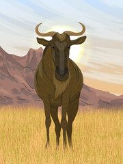Wildebeest stand in tall dry grass in the African savannah at the foot of the mountains. Realistic vector vertical landscape