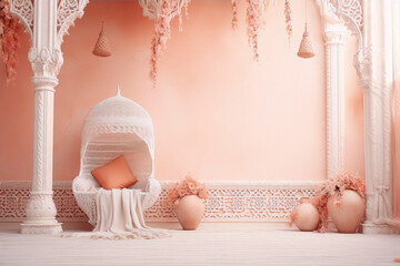 Pink oriental interior with hanging lamps and white wicker chair - obrazy, fototapety, plakaty