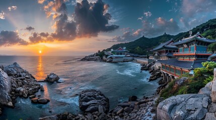 Panoram view of Haedong Yonggungsa Temple in Busan city South Korea,The place to watch the sun rise in South Korea - obrazy, fototapety, plakaty