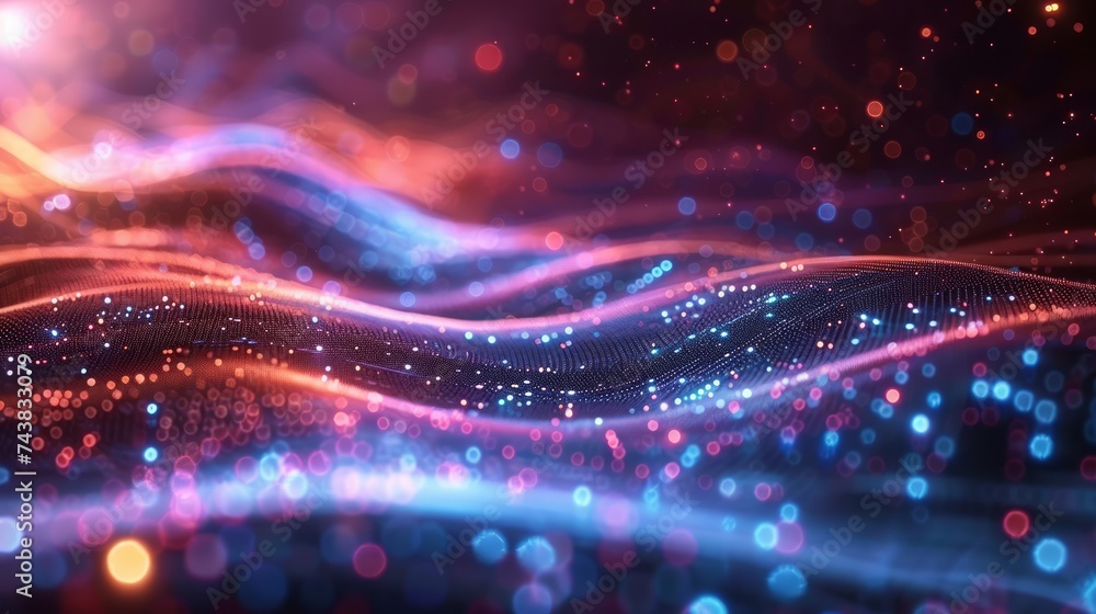 Poster abstract digital waves background with glowing particles and bokeh