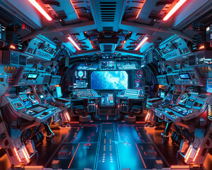 Design a futuristic spaceship interior with high tech gadgets and holographic displays