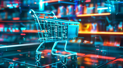 Design a visually striking illustration of a high tech shopping cart with a sleek modern aesthetic...