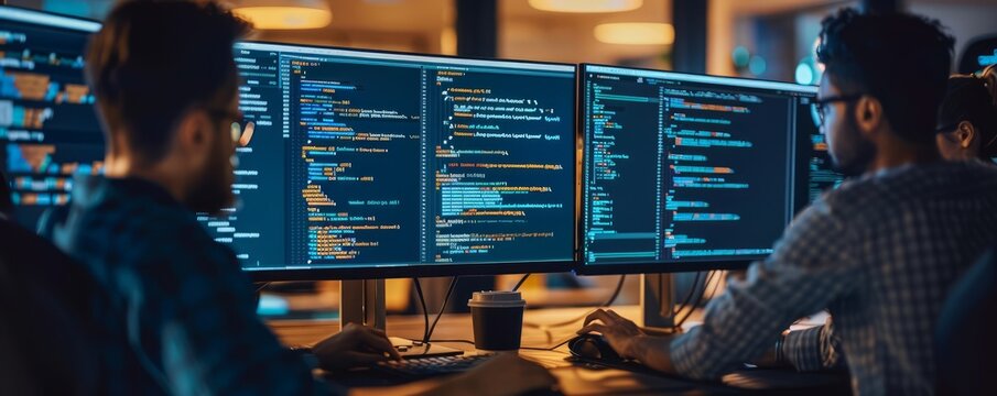 Software Developers Working on Code at Night in Modern Office
