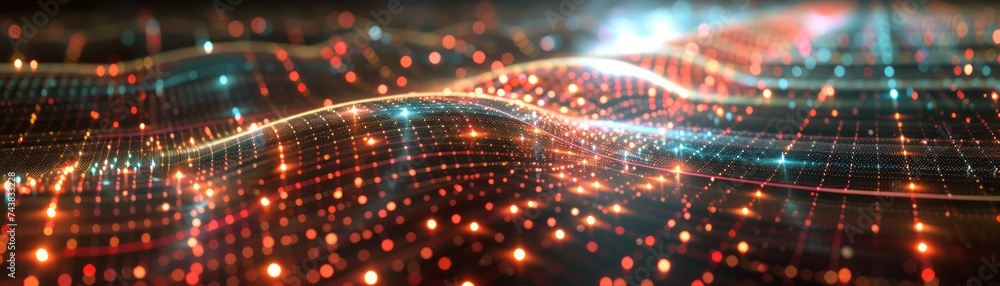 Poster abstract digital landscape with glowing particle waves and lights