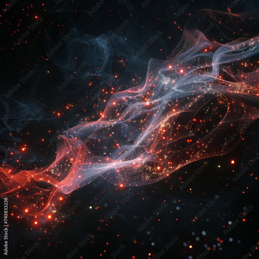 Poster abstract particle wave mesh with glowing red dots on dark background
