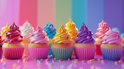 Imagine a 3D animated world where cupcakes in all seven colors come together to form a vibrant and delicious collection against a unique backdrop background