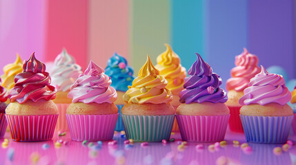 Imagine a 3D animated world where cupcakes in all seven colors come together to form a vibrant and delicious collection against a unique backdrop background