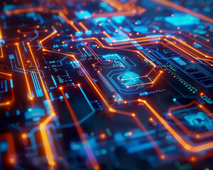 Produce a unique and visually striking 3D animation featuring a neon lit scene with a focus on technological elements