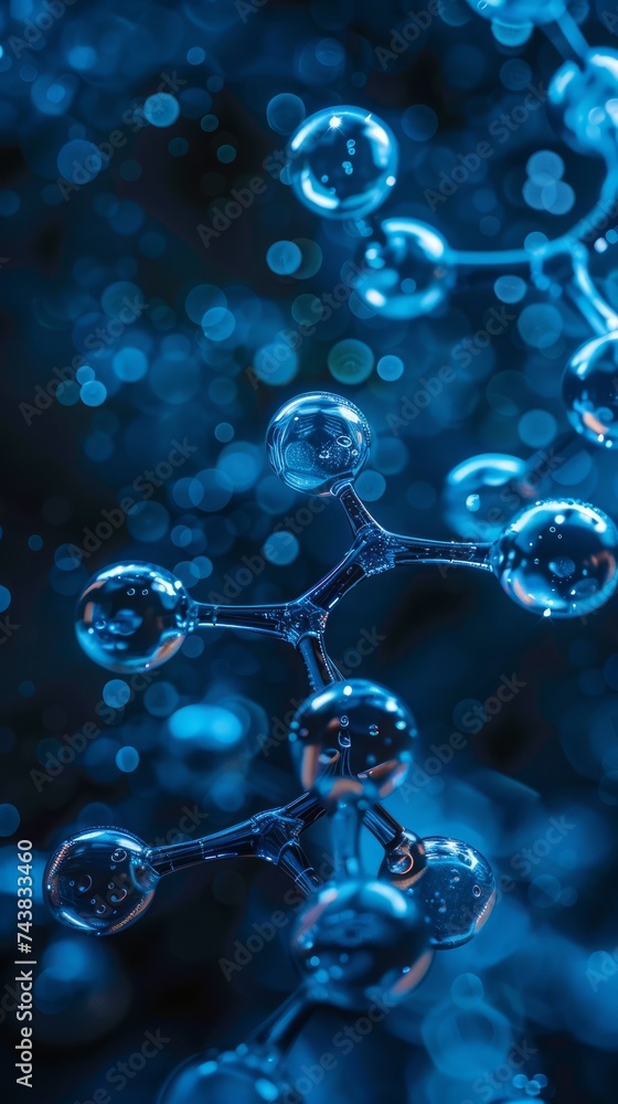 Aufkleber abstract molecular structure with shiny spheres and blue bokeh background