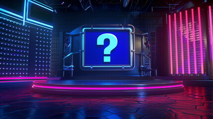 Quiz Question Sign - Futuristic Neon Game Show Studio with High-Tech Design and Vibrant Lighting - obrazy, fototapety, plakaty