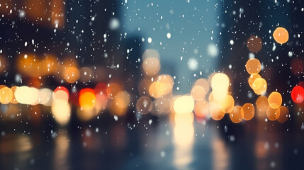 Fototapeta na wymiar Raindrops on wet window glass with blurred panorama of city in night lights glare and bokeh