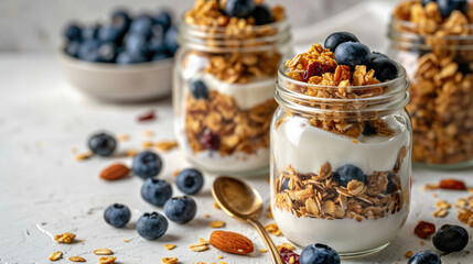 Delicious jar of yogurt topped with fresh blueberries and crunchy granola