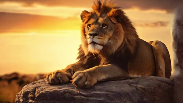 majestic lion rests on a rock, overlooking the vast savanna. The sun is setting behind him, casting a golden glow on his fur and mane.
