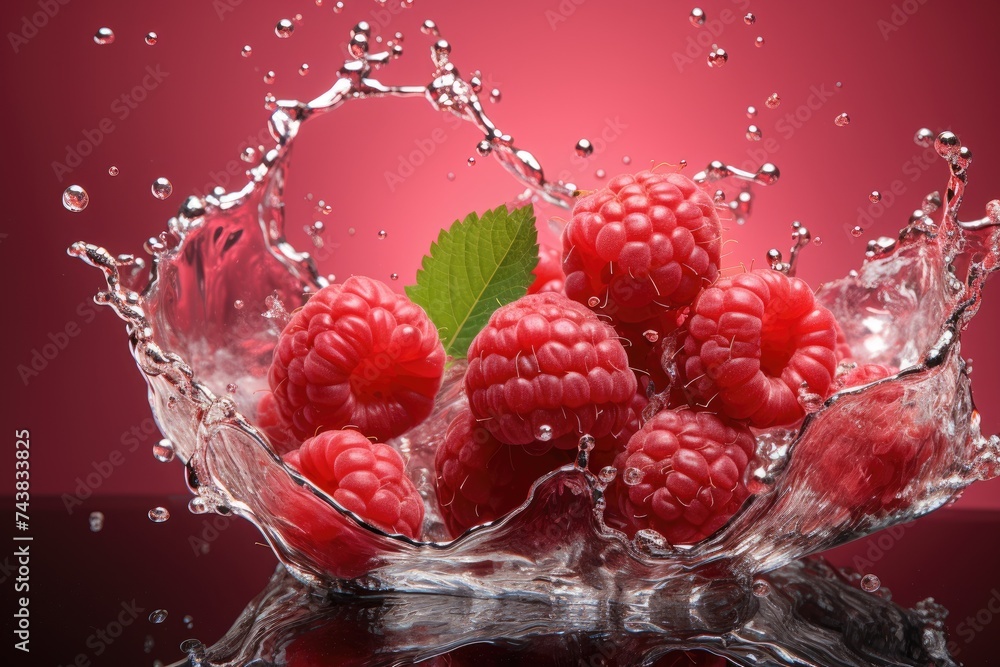 Poster Juicy ruby raspberries are joyfully splashing into a crystal-clear glass of water, creating ripples and bursts of vibrant color