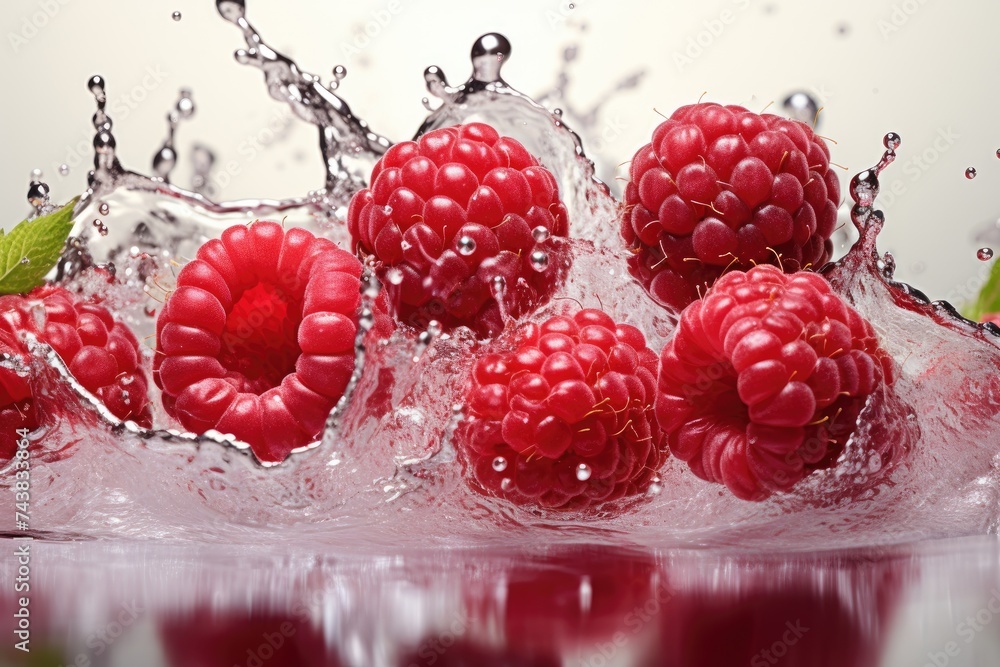 Fototapete Fresh raspberries cascade in sparkling water, creating a mesmerizing display of vibrant colors and playful splashes