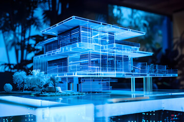 Hologram of a house on blueprints - 743833802