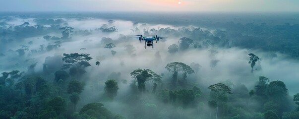 Fototapeta premium Drone Flight over Misty Tropical Rainforest at Sunrise