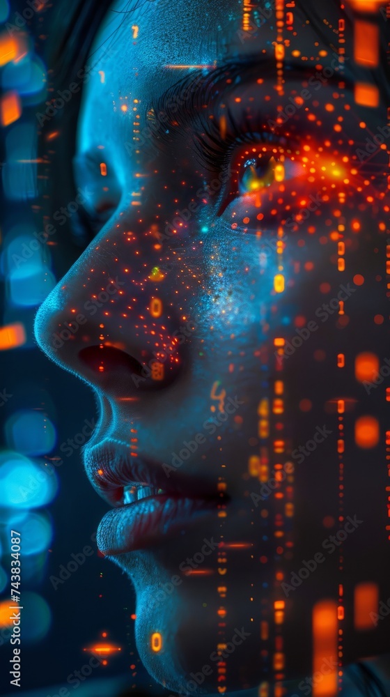 Poster woman's face with digital code overlay symbolizing technology integration
