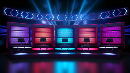 Futuristic Neon Game Show Studio with High-Tech Design and Vibrant Lighting - obrazy, fototapety, plakaty