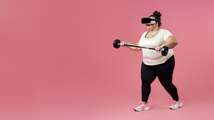 A stylish woman immerses herself in a virtual world while confidently lifting a heavy barbell, as her elbow rests on a guitar and her clothing and footwear exude a passion for music
