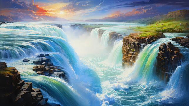 illustration of A Beautiful Gullfoss waterfall and sunrise, also known as the Golden Falls, and the Olfusa river in southwest Iceland.