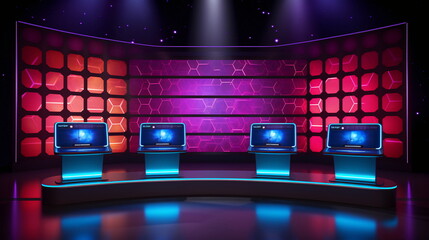 Futuristic Neon Game Show Studio with High-Tech Design and Vibrant Lighting - obrazy, fototapety, plakaty