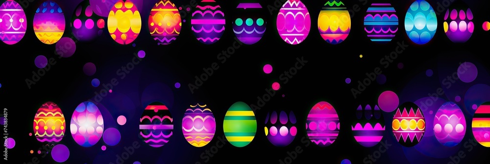 Leinwandbilder A large group of vibrant and assorted eggs clustered together on a deep black background, creating a mesmerizing display of hues and patterns
