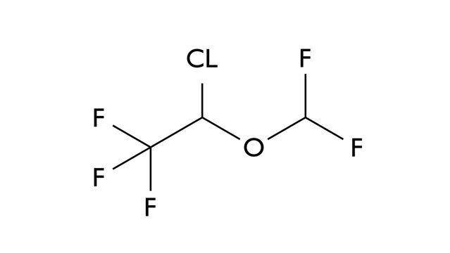 isoflurane molecule, structural chemical formula, ball-and-stick model, isolated image general anesthetic