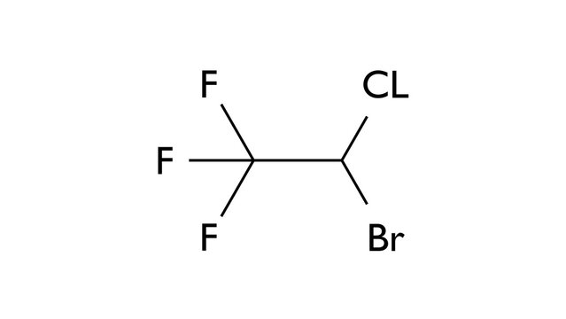 halothane molecule, structural chemical formula, ball-and-stick model, isolated image general anaesthetic