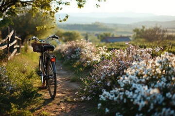 Naklejka premium A lone bicycle is parked on a dusty road beside a vast field under the open sky, symbolizing peaceful solitude in nature