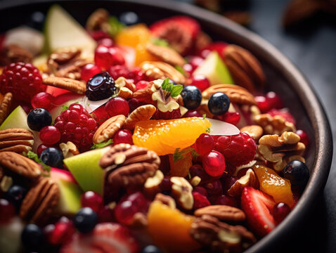 Close up photo of fresh fruit and nuts on plate, healthy food concept