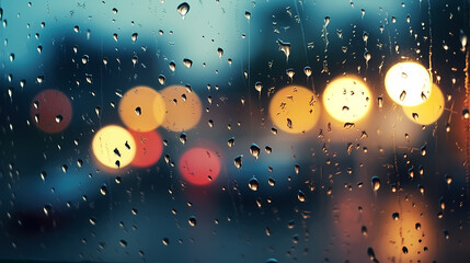 Raindrops on wet window glass with blurred panorama of city in night lights glare and bokeh