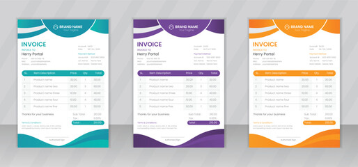 Business invoice form template design, Invoicing quotes, money bills or price invoices and payment agreement templates, Tax form, bill graphic or payment receipt page vector set - obrazy, fototapety, plakaty