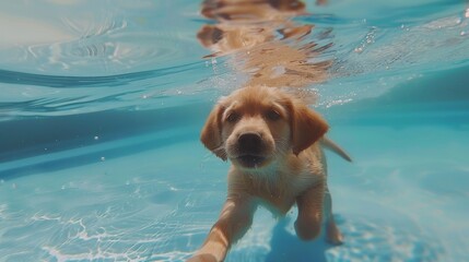 Underwater photo of golden labrador retriever puppy in outdoor swimming pool play with fun jumping...