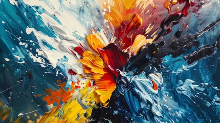 Detailed macro image of an abstract canvas, focusing on the explosive blend of colors and textures from palette knife oil painting techniques.