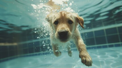 Underwater photo of golden labrador retriever puppy in outdoor swimming pool play with fun jumping...