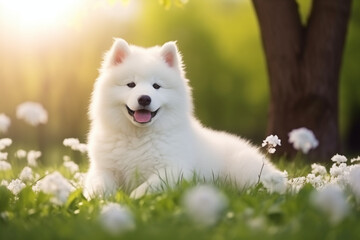 White Samoyed puppy sits on the green grass. Dog in nature, a walk in the park 