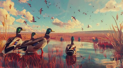 Wildlife duck animals hunting hunt panorama. ai generative - obrazy, fototapety, plakaty