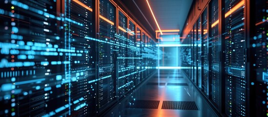 Cyber attack warnings displayed on computer screen in data server center with panoramic view.