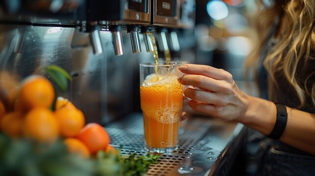 Close up woman hands holding a glass is filling orange juice