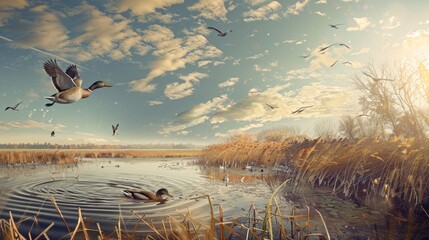 Wildlife duck animals hunting hunt panorama. ai generative