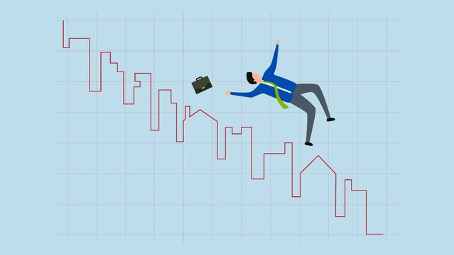 4k Animation Real estate market price down chart, investor or real estate agent sliding from house and building, red plunge graph and chart