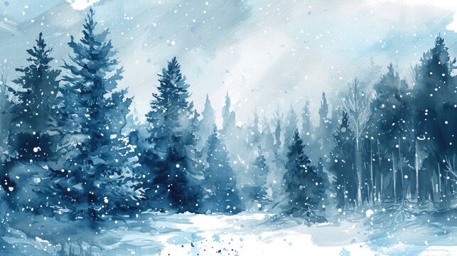 Beautiful watercolor painting of snowy forest